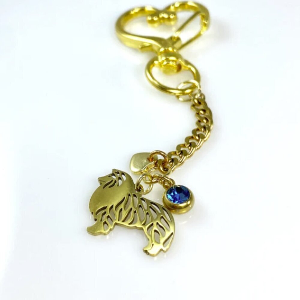 Collie Dog & Birthstone Heart Gold Purse Handbag Keychain